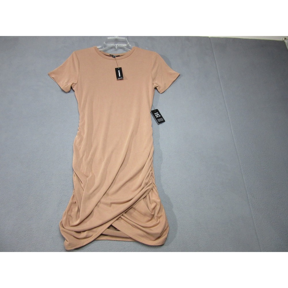 Express Shirt Dress Womens XS Brown Tan New Ruched Tulip Hem Short Sleeve